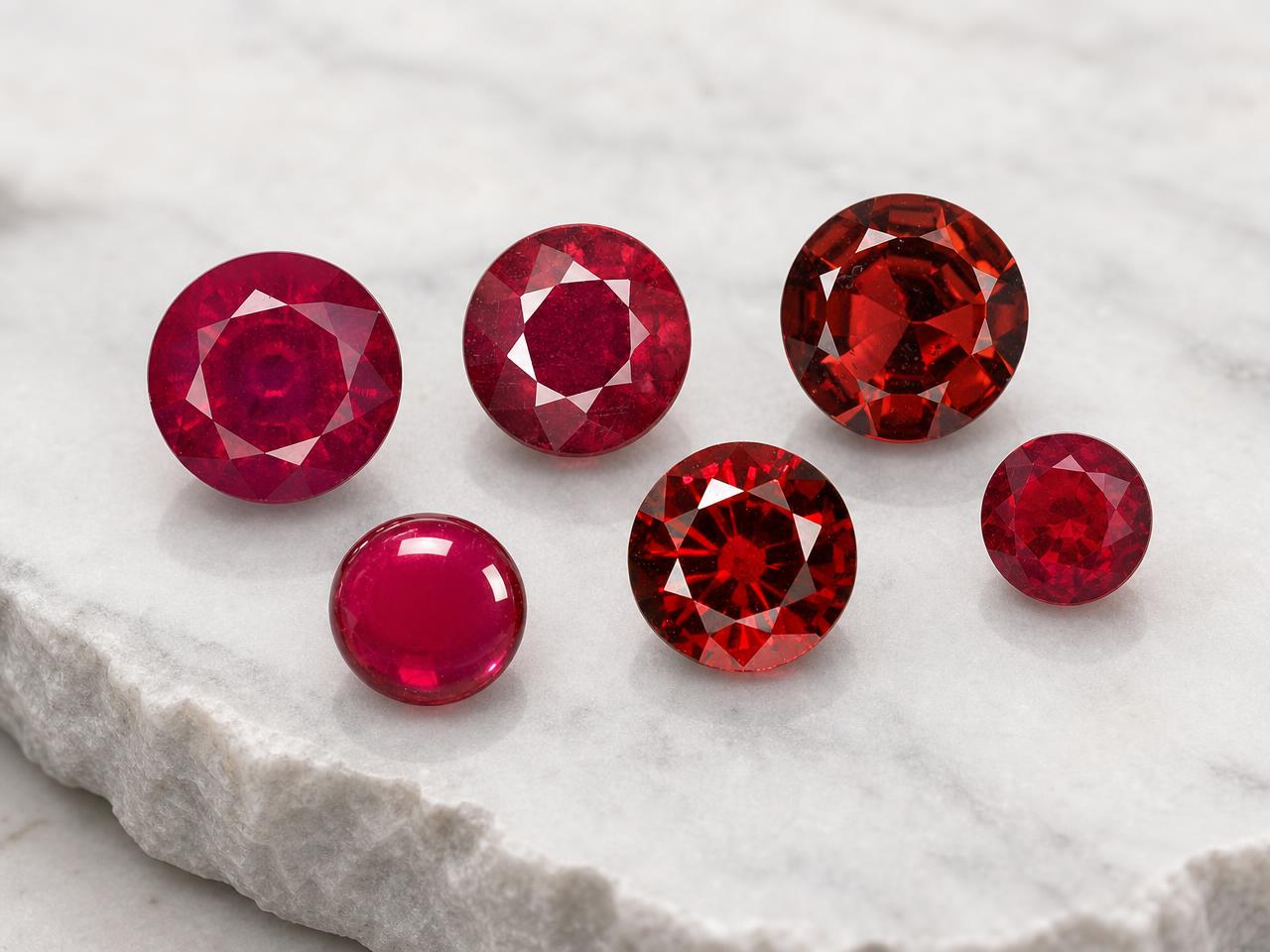 Pedras preciosas vermelhas redondas soltas em tons variados de vermelho.
