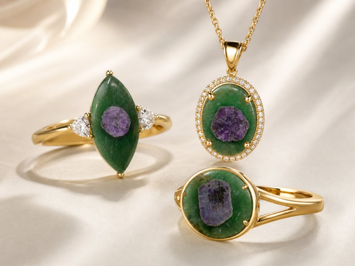 Rubi em gemas de fuchsite exibidas em joias