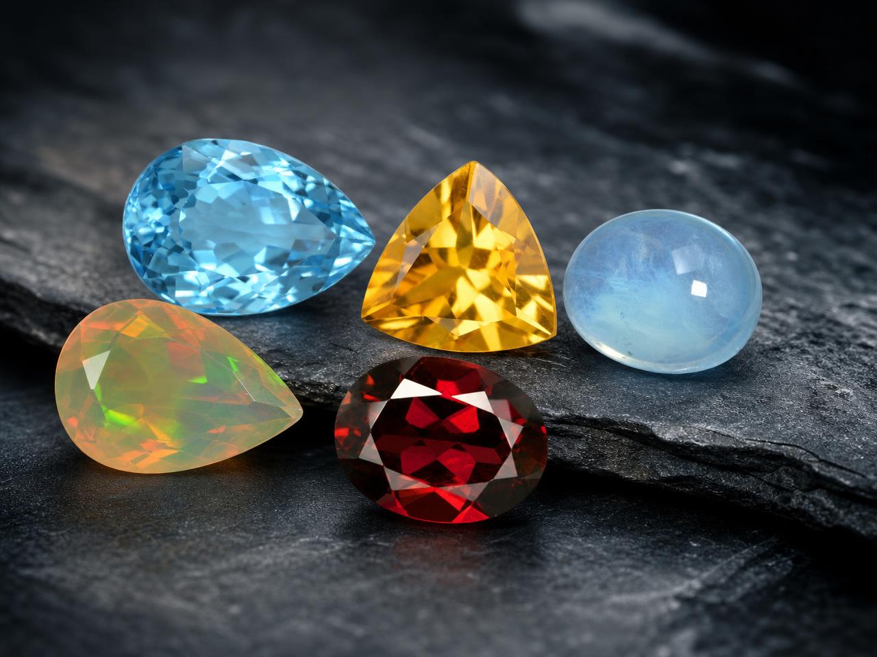 Pedras naturais soltas do signo de Escorpião, incluindo topázio, citrino e opala.