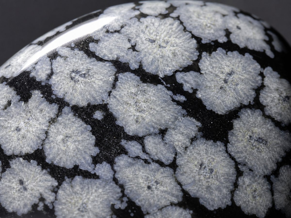 Visão aproximada de gemas naturais de obsidiana em forma de floco de neve.