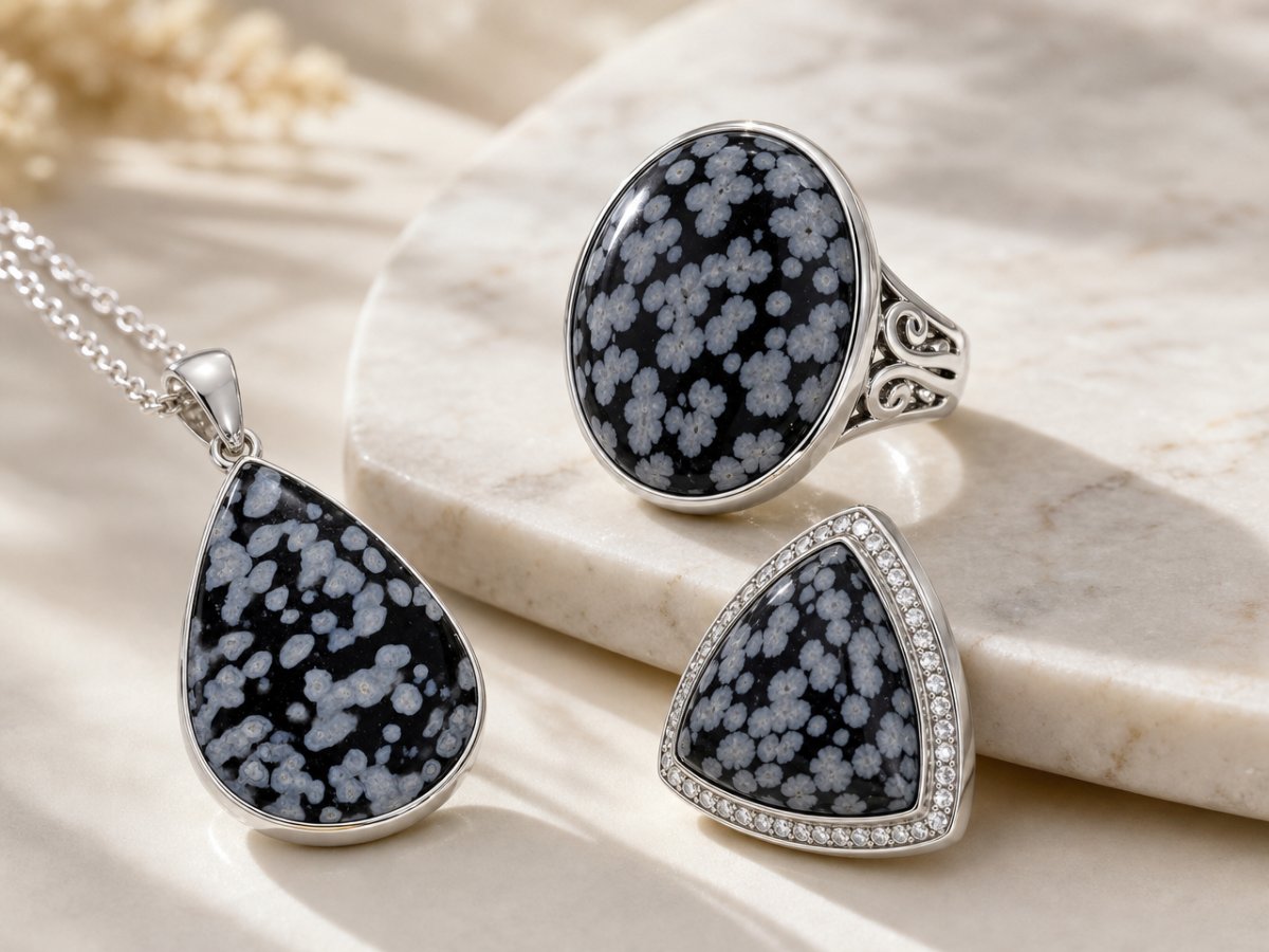 Gemas de obsidiana flocada exibidas em joias