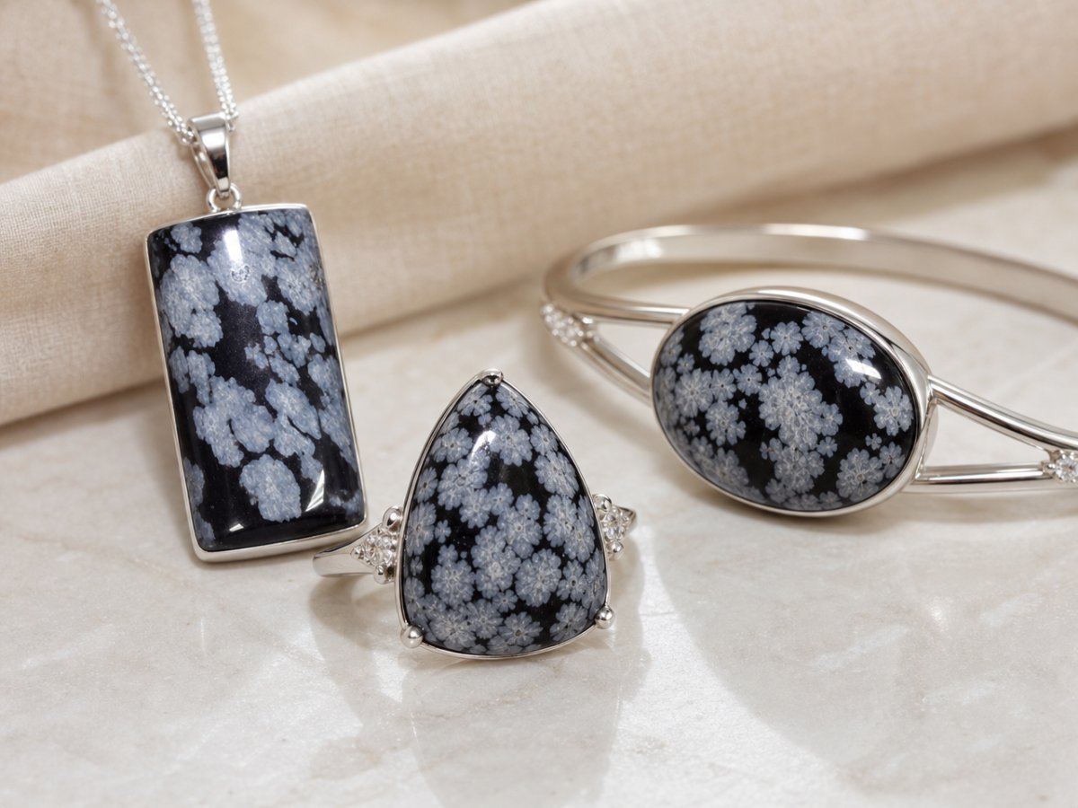Gemas de obsidiana flocada exibidas em joias