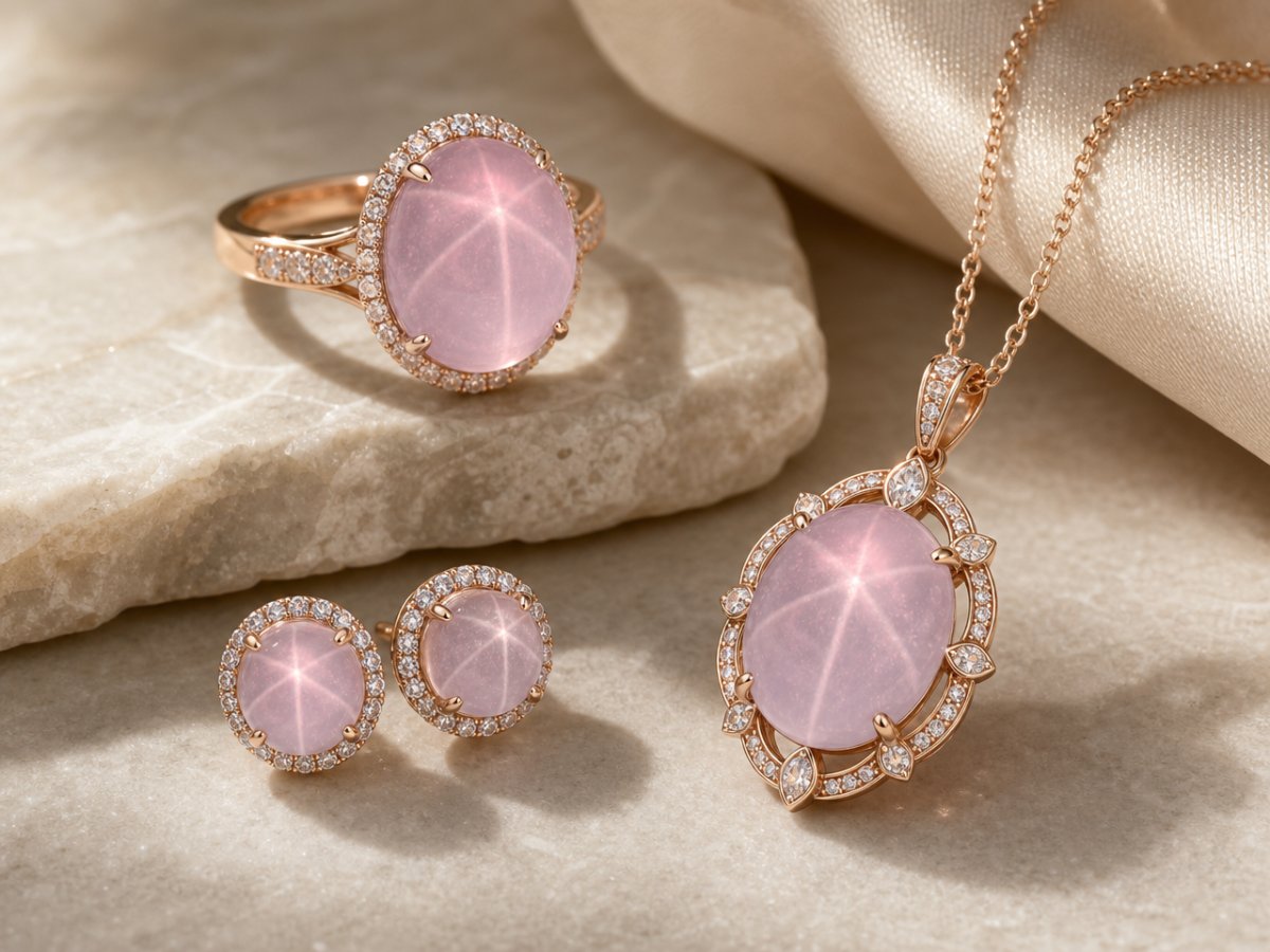 Gemas de quartzo rosa estrela exibidas em joias