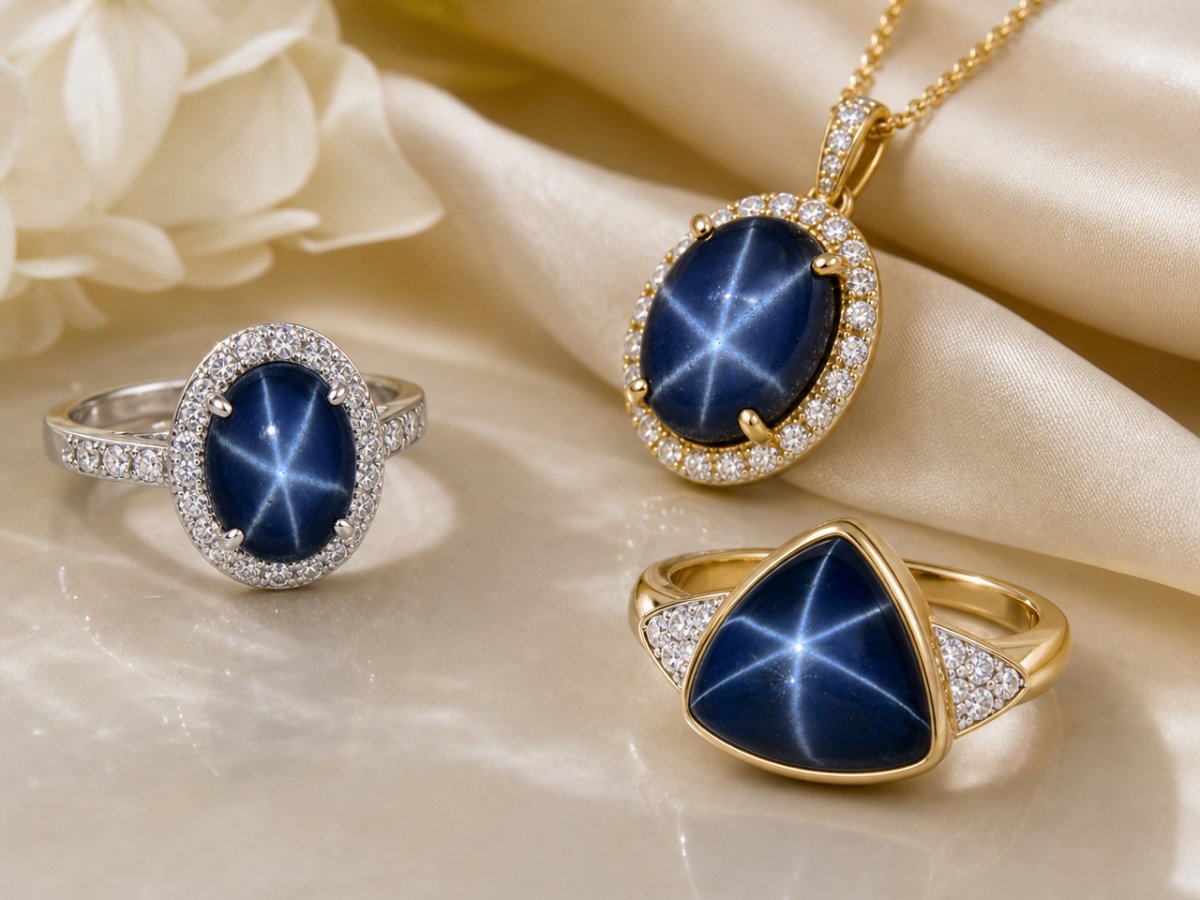 Gemas de safira estrela exibidas em joias