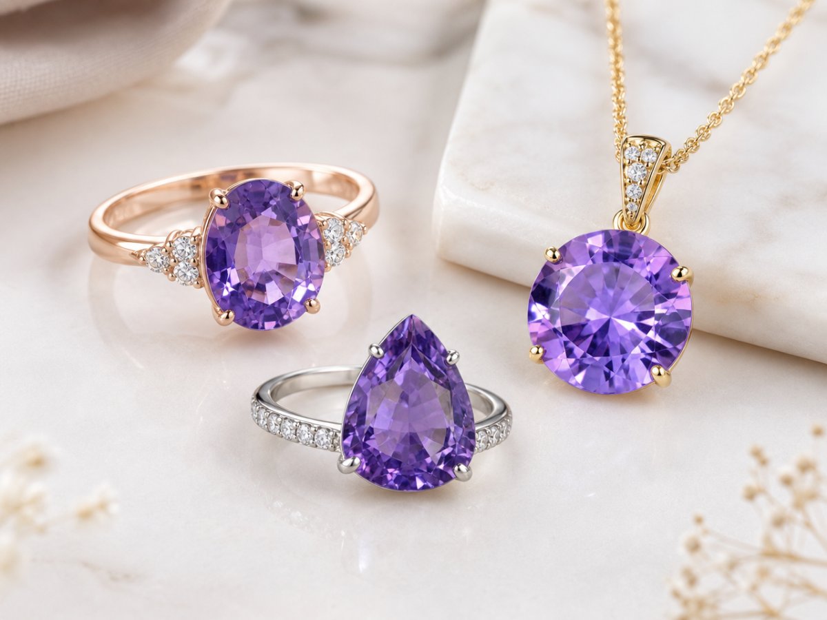 Gemas de safira violeta exibidas em joias