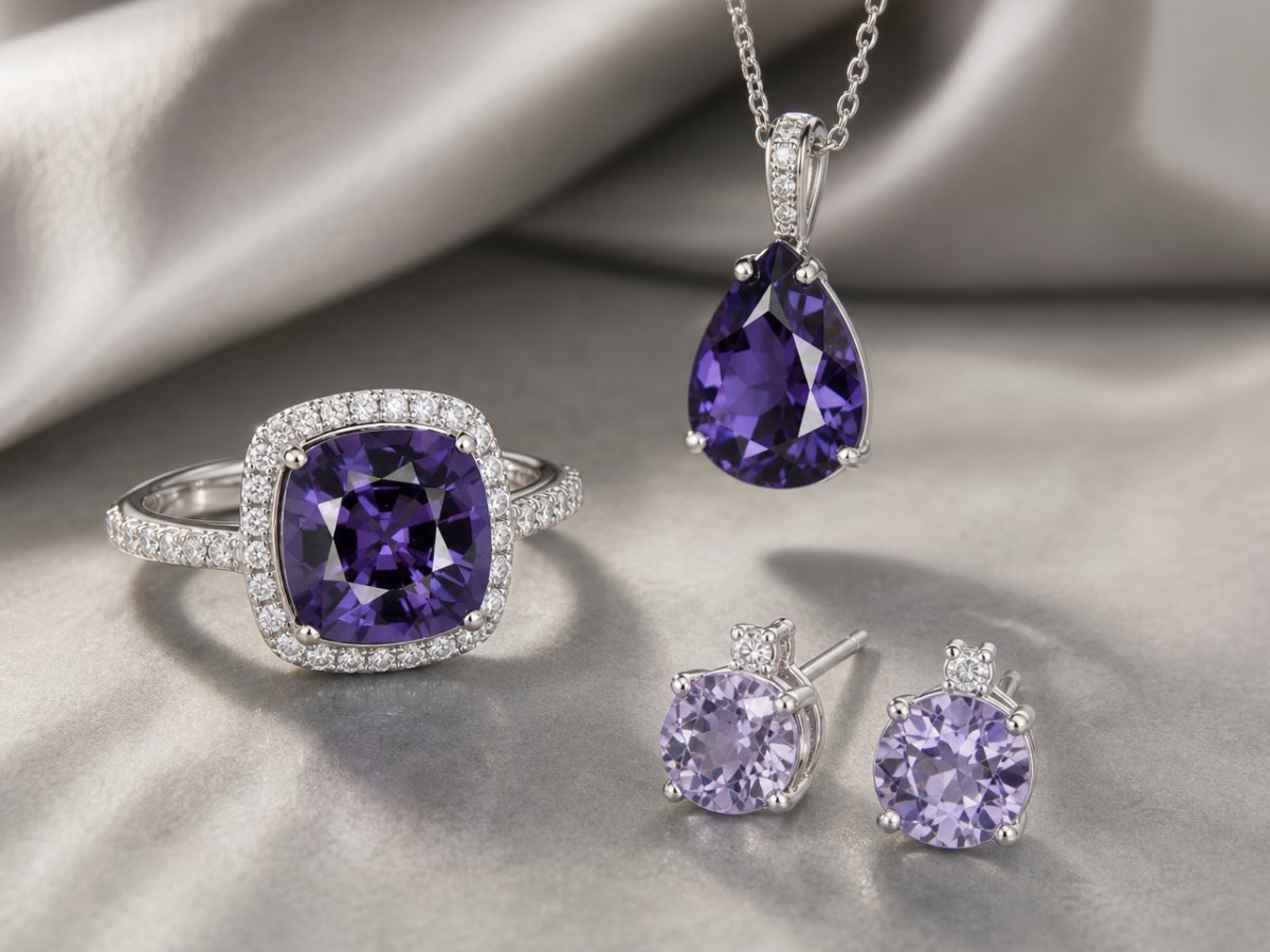 Gemas de espinélio violeta exibidas em joias