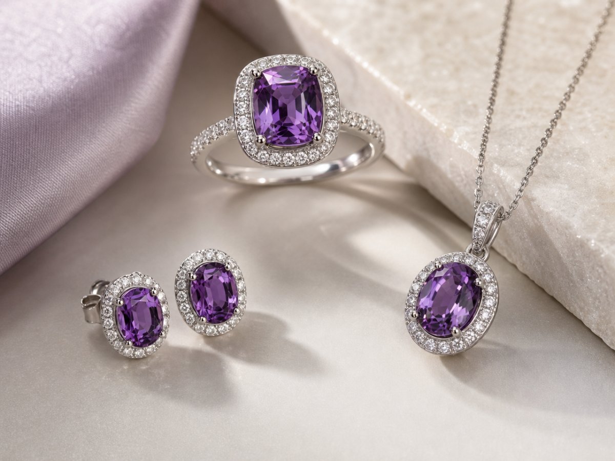 Gemas de espinélio violeta exibidas em joias