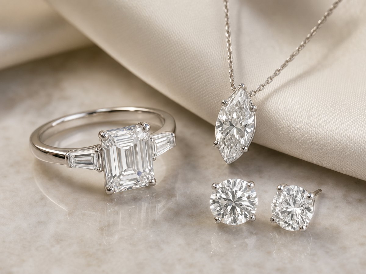 Gemas de diamante branco exibidas em joias