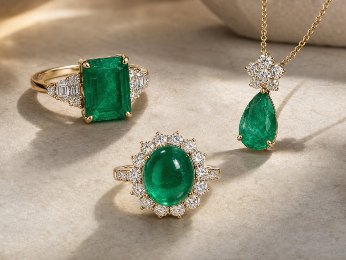 Gemas de esmeralda da Zâmbia exibidas em joias