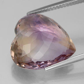Ametrino bicolor natural 12,34ct, formato de coração, VS