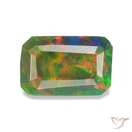 Opala negra multicolorido natural 0,89ct, corte esmeralda, translúcido