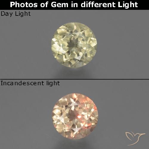 Diasporo de mudança de cor amarelo natural 0,73ct, corte redondo, VS