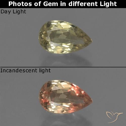 0.92ct Natural Amarelo acastanhado Diásporo com mudança de cor, Formato de pêra, VS