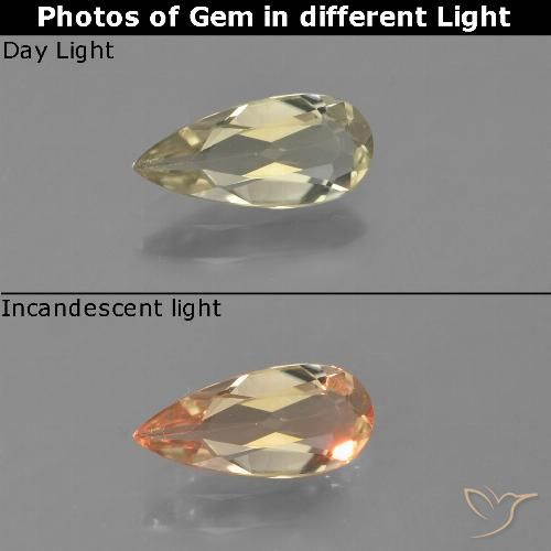 0.79ct Natural Amarelo Dourado Muito Claro Diásporo com mudança de cor, Formato de pêra, VVS-VS