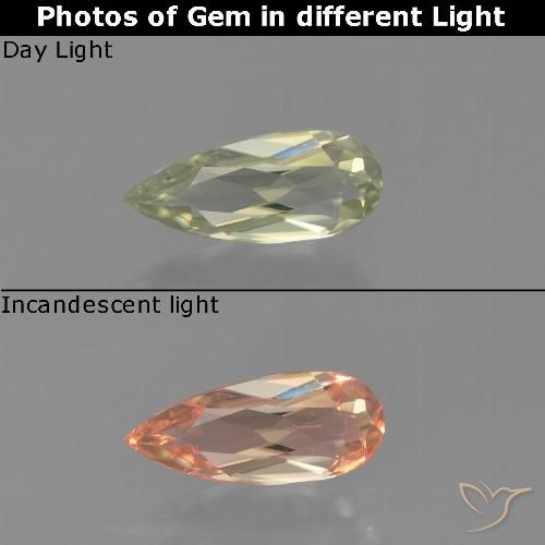 0.63ct Natural Amarelo acastanhado Diásporo com mudança de cor, Formato de pêra, VVS-VS