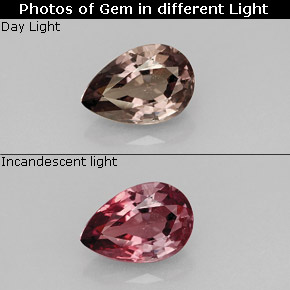 Granada de mudança de cor rosa amarronzado a vermelho natural 1,43ct, formato de pêra, VS