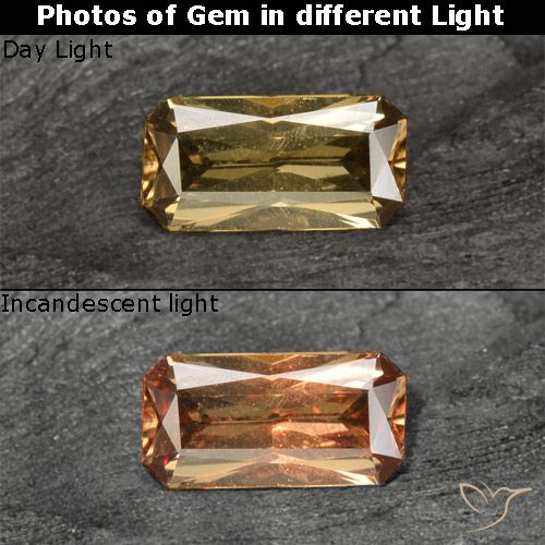 Granada de mudança de cor dourado natural 0,63ct, corte esmeralda, VVS-VS