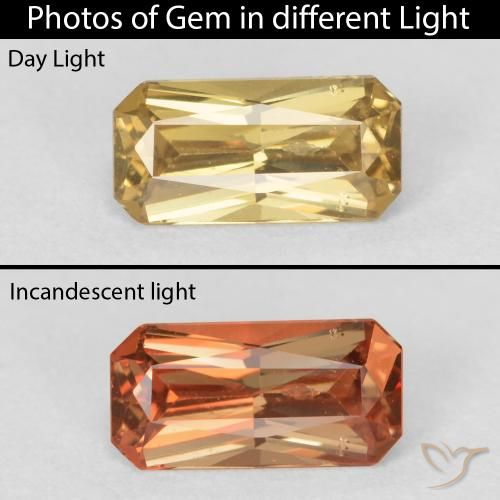 Granada de mudança de cor amarelo natural 0,67ct, corte esmeralda, VS