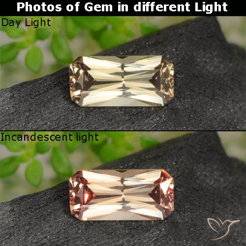 Granada de mudança de cor amarelo natural 0,65ct, corte esmeralda, VVS