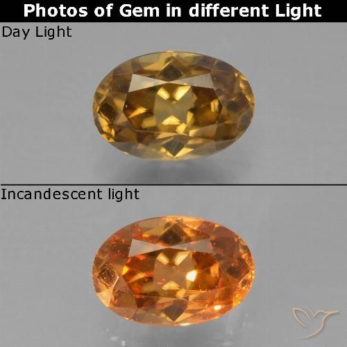 Granada de mudança de cor dourado natural 0,72ct, corte oval, VVS-VS