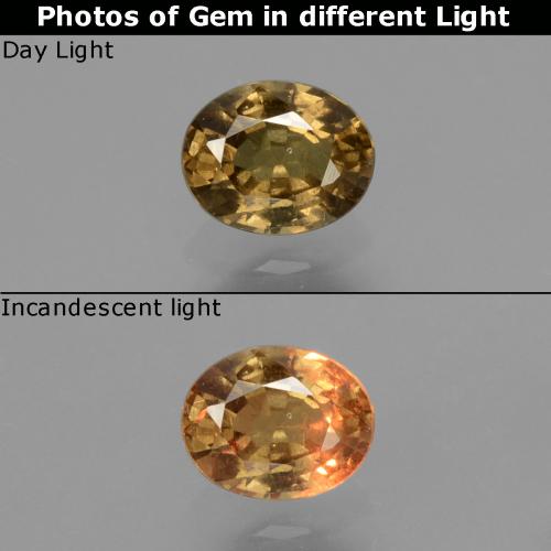 Granada de mudança de cor amarelo natural 0,65ct, corte oval, VS