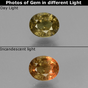 Granada de mudança de cor amarelo natural 0,66ct, corte oval, VS