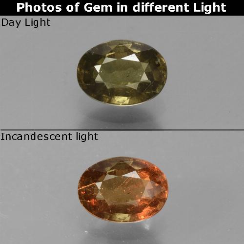 Granada de mudança de cor amarelo natural 0,69ct, corte oval, VS