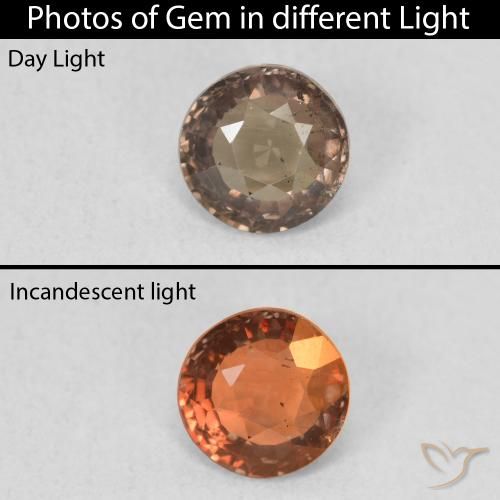 Granada de mudança de cor marrom natural 0,92ct, corte redondo, VS