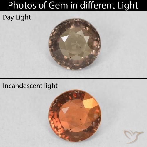 Granada de mudança de cor marrom natural 0,90ct, corte redondo, VS