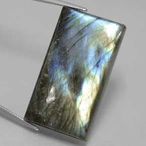 Labradorita Cinza Azul Brilho Natural 60.12ct, baguete, Translúcido