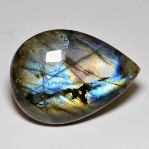 Labradorita multicolorido natural 78,89ct, formato de pêra, opaco
