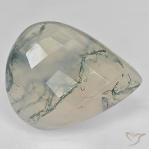 Ágata musgosa verde natural 30,57ct, formato de pêra, translúcido