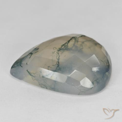 Ágata musgosa verde natural 30,57ct, formato de pêra, translúcido