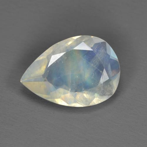 Pedra da lua arco-íris branco natural 1,40ct, formato de pêra, transparente