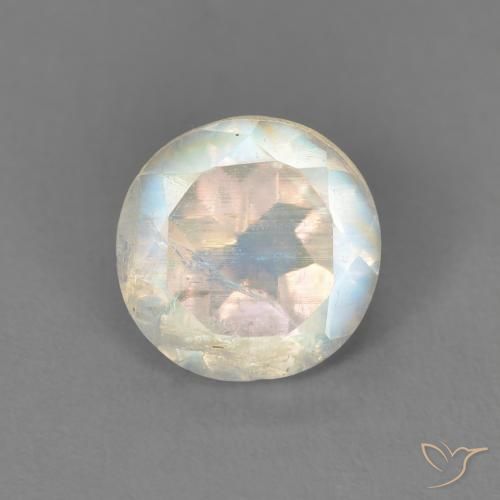 1.33ct Natural Branco azulado Pedra da Lua Arco-Íris, Redondo, Transparente