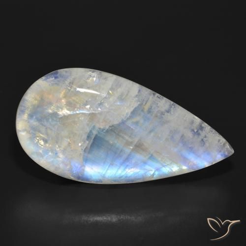 Pedra da Lua Arco-Íris Branco azulado Natural 30.09ct, Formato de pêra, Translúcido