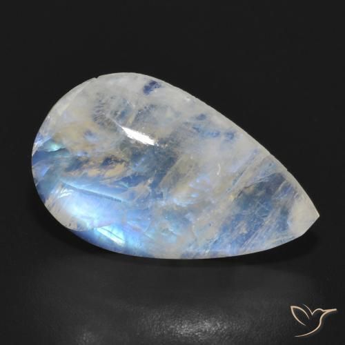 Pedra da Lua Arco-Íris Branco azulado Natural 7.51ct, Formato de pêra, Translúcido