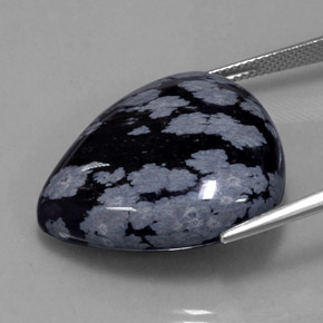 Obsidiana floco de neve preto natural 34,56ct, formato de pêra, opaco
