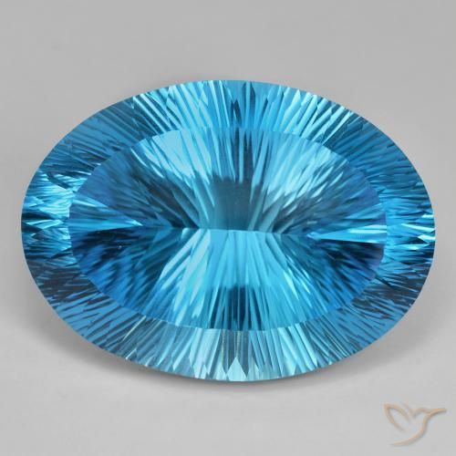Topázio azul suíço solto de 88,33 ct, corte oval côncavo de 32,6 x 23,8 mm do Brasil, Photo A
